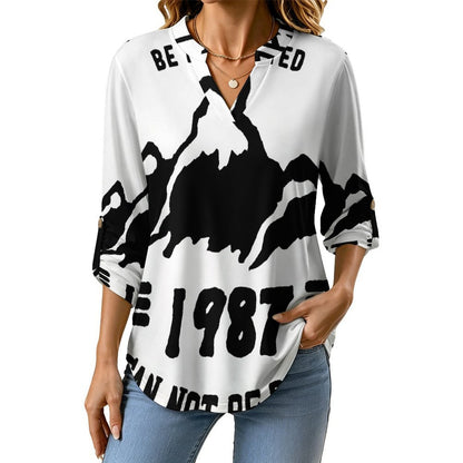Stand-up Collar Long-sleeved Shirt 1987, Retro Font Design, Mountain Peak  Customization Women’s V-Neck Blouses,long Sleeve,Roll-Up Sleeve Shirt