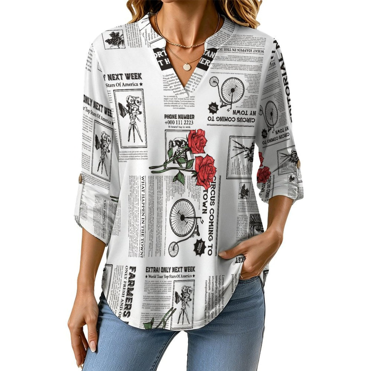 Stand-up Collar Long-sleeved Shirt Newspaper  Red Rose  Customization Women’s V-Neck Blouses,long Sleeve,Roll-Up Sleeve Shirt