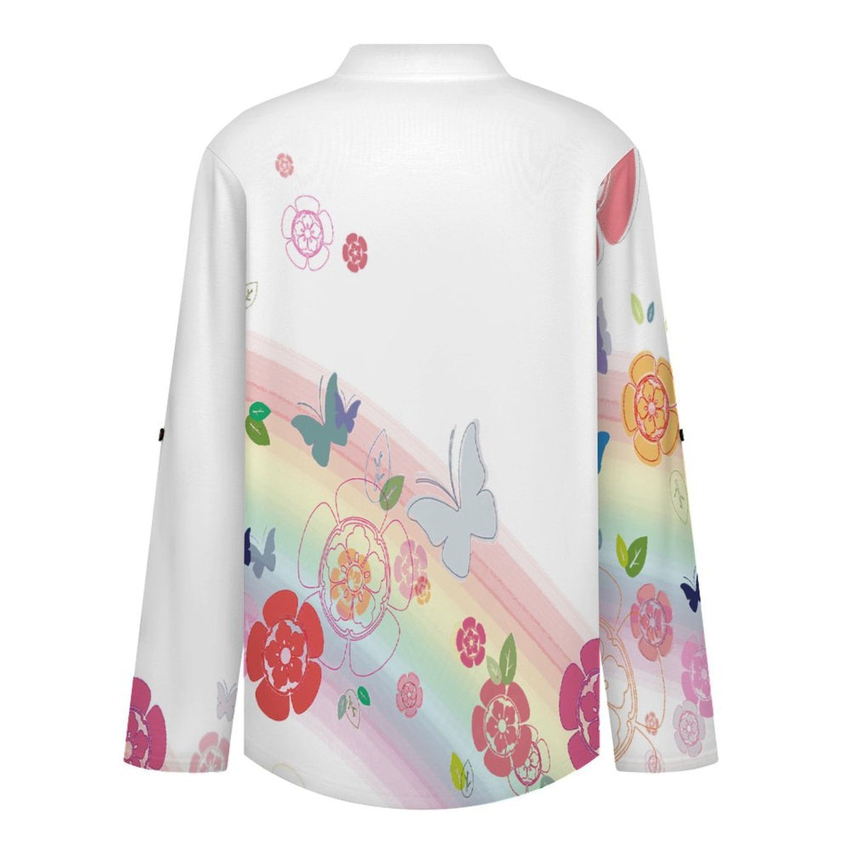 Women's Notched V Neck Tunic Tops, Roll Up 3/4 Sleeve Button Cuff Casual Blouse, Hem Loose Work Shirts  Colored Butterfly