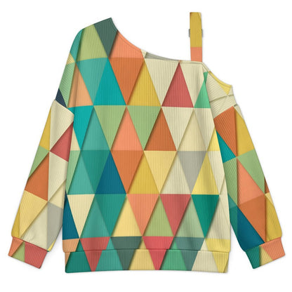 Off-the-shoulder Sweater Colorful Geometric Figures  Asymmetric Cold Shoulder Knit Sweater for Women, Adjustable Buckle Strap Long Sleeve Casual Slouchy Pullover