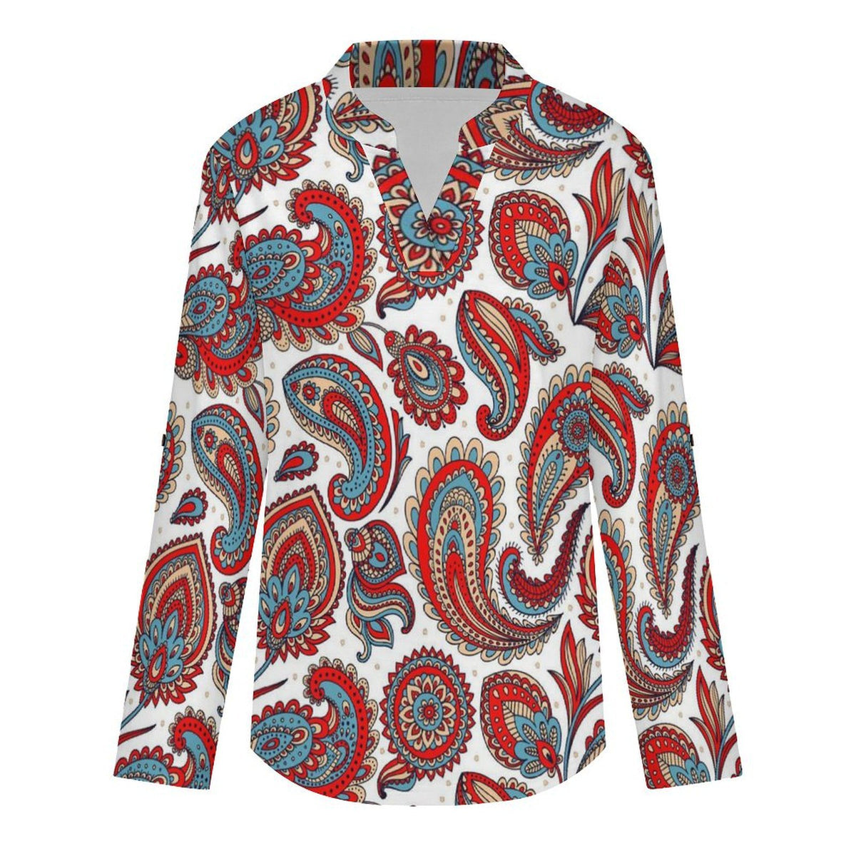 Stand-up Collar Long-sleeved Shirt Paisley  Customization Women’s V-Neck Blouses,long Sleeve,Roll-Up Sleeve Shirt