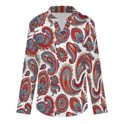Stand-up Collar Long-sleeved Shirt Paisley  Customization Women’s V-Neck Blouses,long Sleeve,Roll-Up Sleeve Shirt