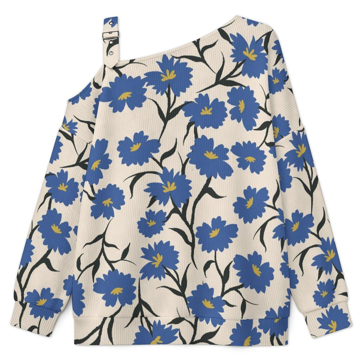 Off-the-shoulder Sweater Blue Flower  Asymmetric Cold Shoulder Knit Sweater for Women, Adjustable Buckle Strap Long Sleeve Casual Slouchy Pullover