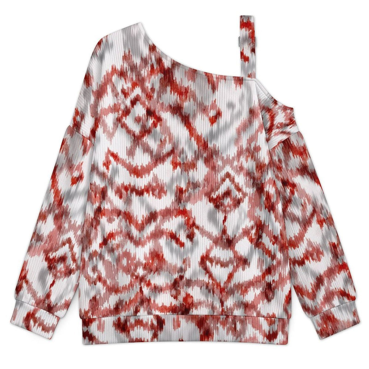 Off-the-shoulder Sweater European Retro Pattern  Asymmetric Cold Shoulder Knit Sweater for Women, Adjustable Buckle Strap Long Sleeve Casual Slouchy Pullover