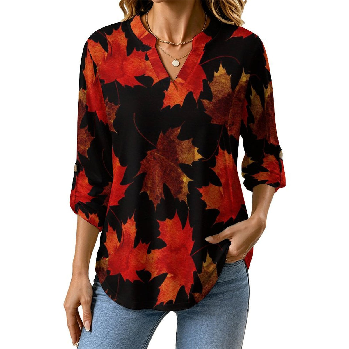 Stand-up Collar Long-sleeved Shirt Leaf Plant Pattern  Customization Women’s V-Neck Blouses,long Sleeve,Roll-Up Sleeve Shirt
