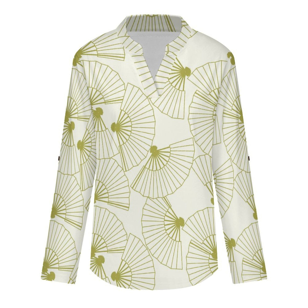 Green Fan Pattern Roll Tab 3/4 Sleeve Notched V Neck Tunic Blouse