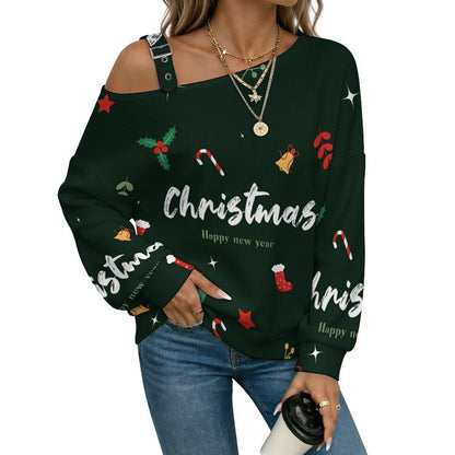 Off-the-shoulder Sweater Christmas Slogn  Asymmetric Cold Shoulder Knit Sweater for Women, Adjustable Buckle Strap Long Sleeve Casual Slouchy Pullover