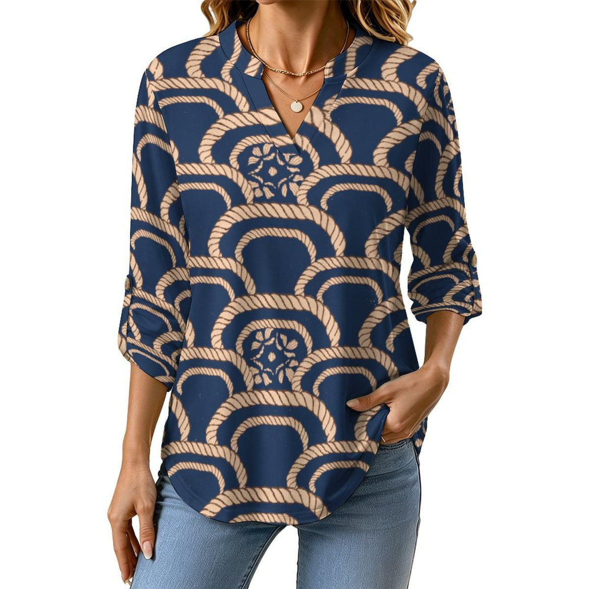 Chinese Style, Retro Pattern  Versatile Notched V-Neck Tunic | Roll Tab 3/4 Sleeve Office Casual Top
