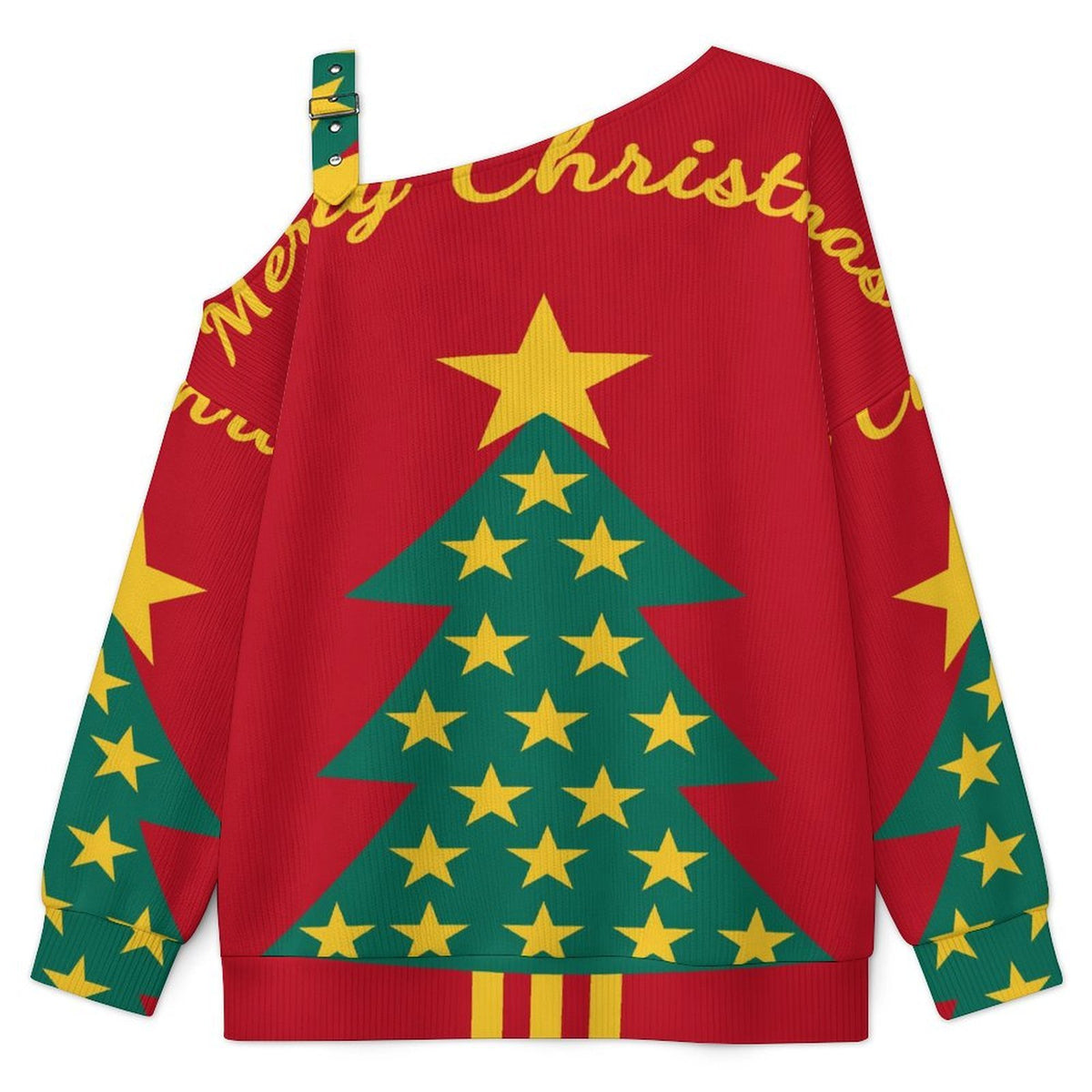 Off-the-shoulder Sweater Christmas Tree  Asymmetric Cold Shoulder Knit Sweater for Women, Adjustable Buckle Strap Long Sleeve Casual Slouchy Pullover