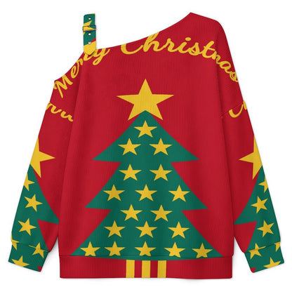 Off-the-shoulder Sweater Christmas Tree  Asymmetric Cold Shoulder Knit Sweater for Women, Adjustable Buckle Strap Long Sleeve Casual Slouchy Pullover