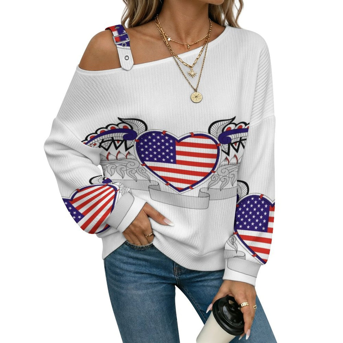 Off-the-shoulder Sweater Heart USA  Asymmetric Cold Shoulder Knit Sweater for Women, Adjustable Buckle Strap Long Sleeve Casual Slouchy Pullover