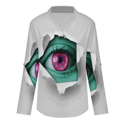 Stand-up Collar Long-sleeved Shirt Green Eyes  Customization Women’s V-Neck Blouses,long Sleeve,Roll-Up Sleeve Shirt