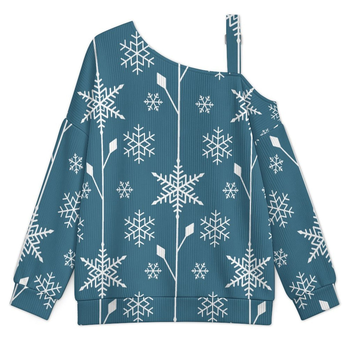 Off-the-shoulder Sweater Snowflake Blue Tile Repeat  Asymmetric Cold Shoulder Knit Sweater for Women, Adjustable Buckle Strap Long Sleeve Casual Slouchy Pullover