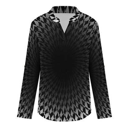 Stand-up Collar Long-sleeved Shirt Optical Art Viaual Trap  Customization Women’s V-Neck Blouses,long Sleeve,Roll-Up Sleeve Shirt