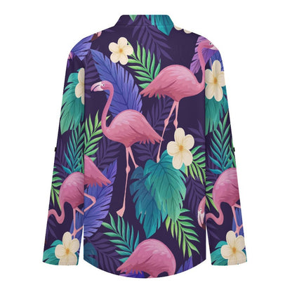 Stand-up Collar Long-sleeved Shirt Color, Leaves, Summer, Red Crowned Crane  Customization Women’s V-Neck Blouses,long Sleeve,Roll-Up Sleeve Shirt
