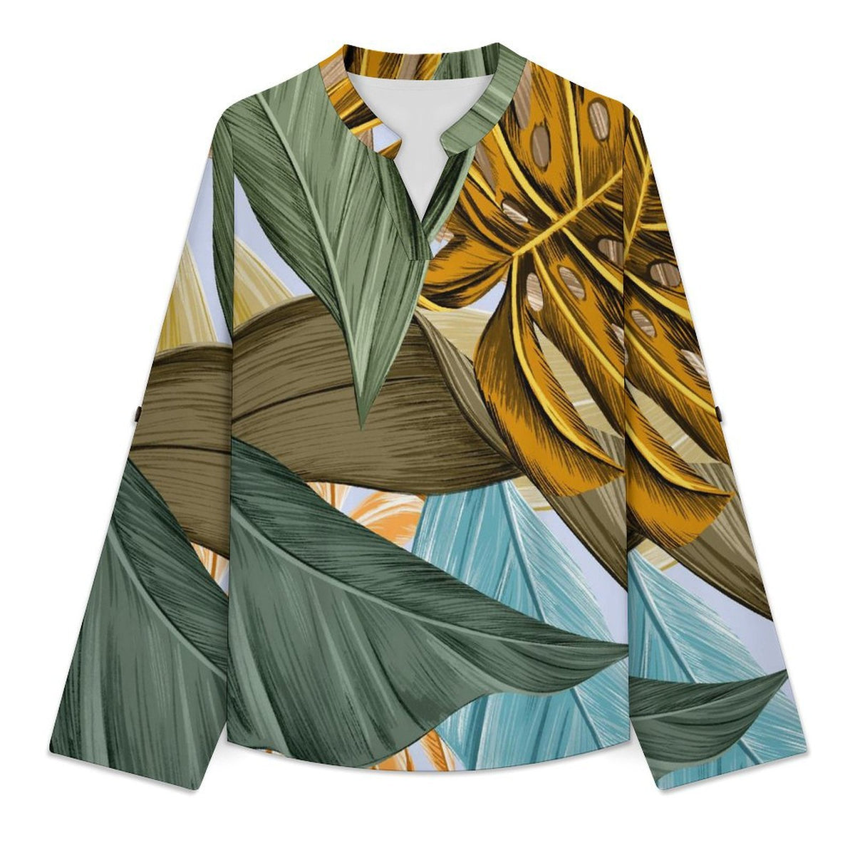 Stand-up Collar Long-sleeved Shirt Leaves, Summer  Customization Women’s V-Neck Blouses,long Sleeve,Roll-Up Sleeve Shirt