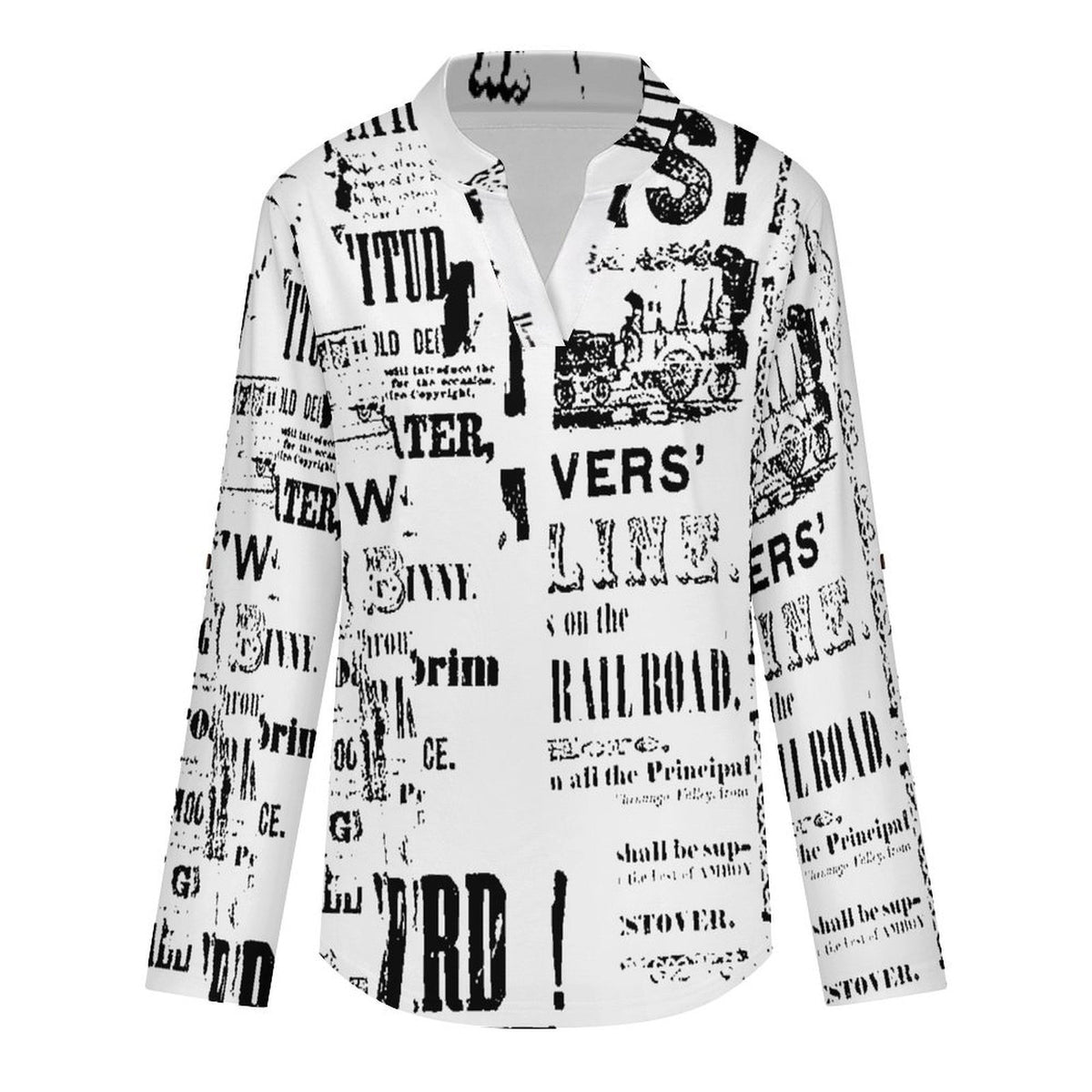 Stand-up Collar Long-sleeved Shirt Newspaper Vintage Dress  Customization Women’s V-Neck Blouses,long Sleeve,Roll-Up Sleeve Shirt