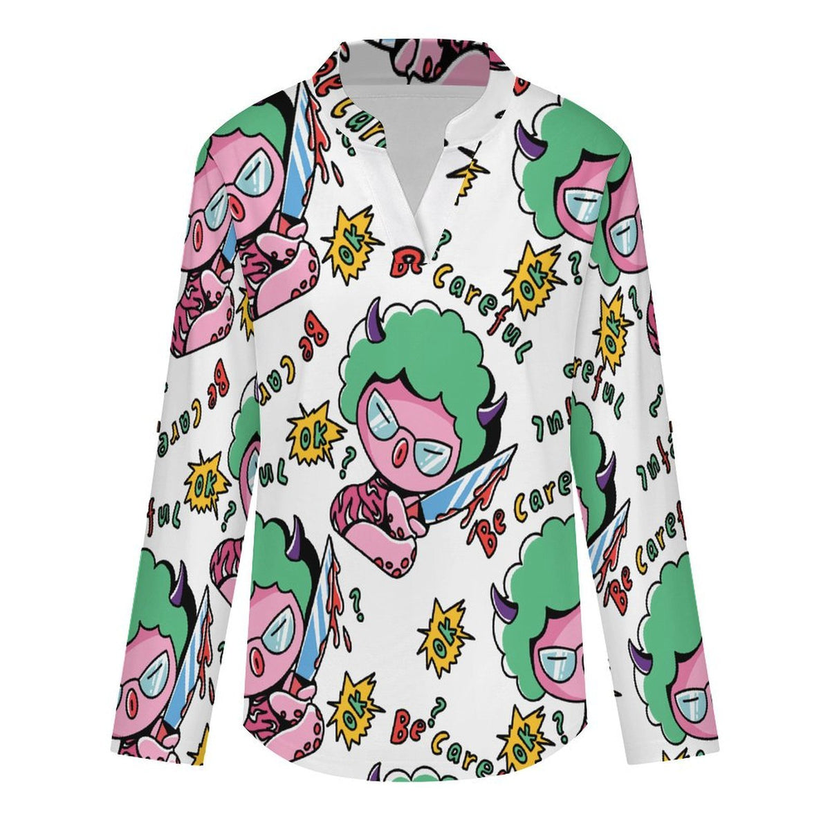 Stand-up Collar Long-sleeved Shirt Octopus Graffiti Pattern  Customization Women’s V-Neck Blouses,long Sleeve,Roll-Up Sleeve Shirt