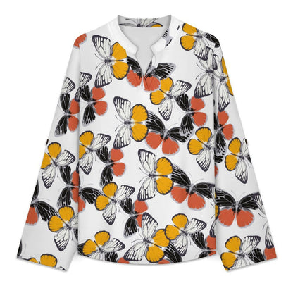 Women's Notched V Neck Tunic Tops, Roll Up 3/4 Sleeve Button Cuff Casual Blouse, Hem Loose Work Shirts  Butterfly, Repeating Pattern