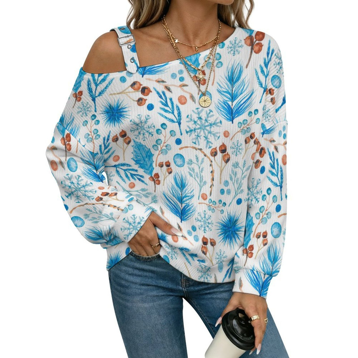 Buckle Strap Asymmetrical Off Shoulder Knit Sweater Blue Leaves And Fruits
