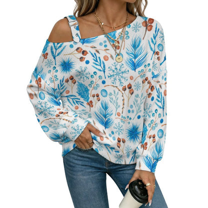 Buckle Strap Asymmetrical Off Shoulder Knit Sweater Blue Leaves And Fruits