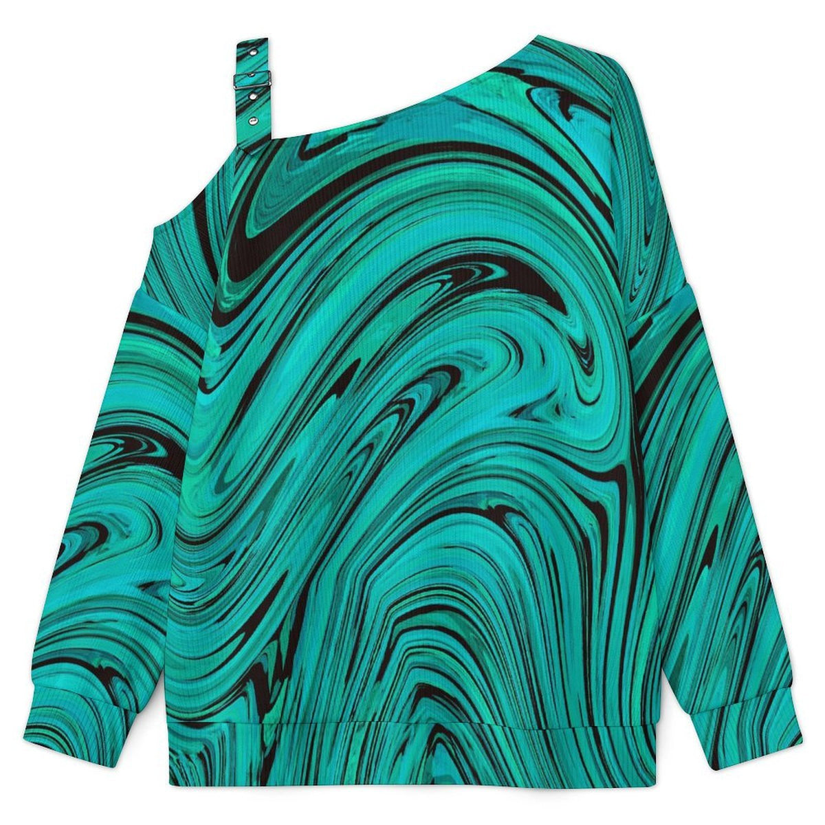 Off-the-shoulder Sweater Green Vortex, Pattern Design  Asymmetric Cold Shoulder Knit Sweater for Women, Adjustable Buckle Strap Long Sleeve Casual Slouchy Pullover