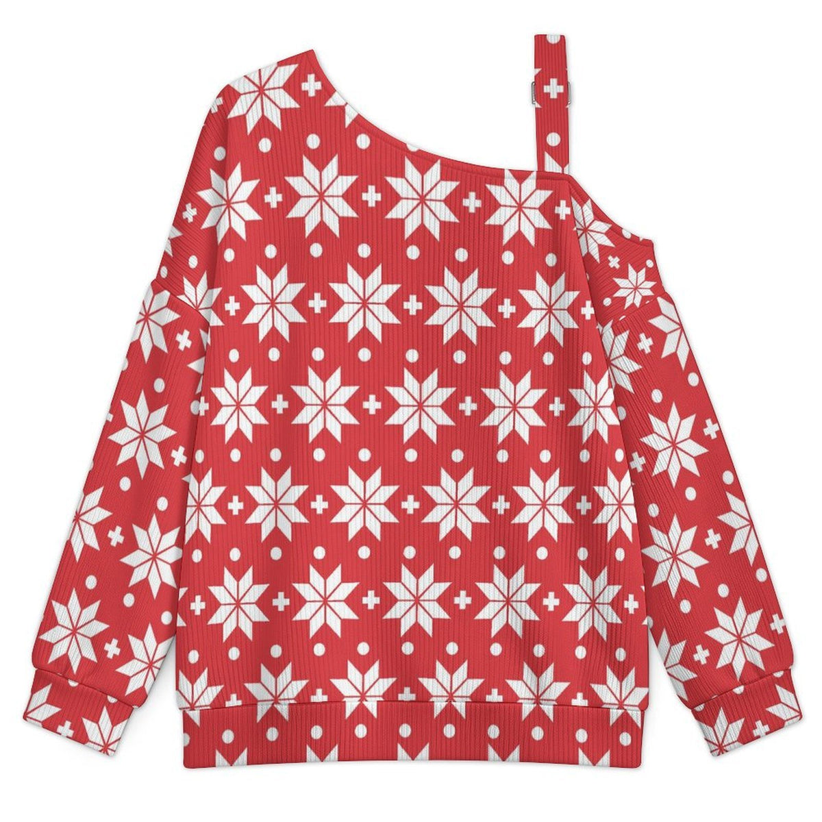 Off-the-shoulder Sweater Christmas - Repeat - Pattern - Red - White - Christmas Pattern  Asymmetric Cold Shoulder Knit Sweater for Women, Adjustable Buckle Strap Long Sleeve Casual Slouchy Pullover
