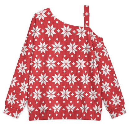 Off-the-shoulder Sweater Christmas - Repeat - Pattern - Red - White - Christmas Pattern  Asymmetric Cold Shoulder Knit Sweater for Women, Adjustable Buckle Strap Long Sleeve Casual Slouchy Pullover