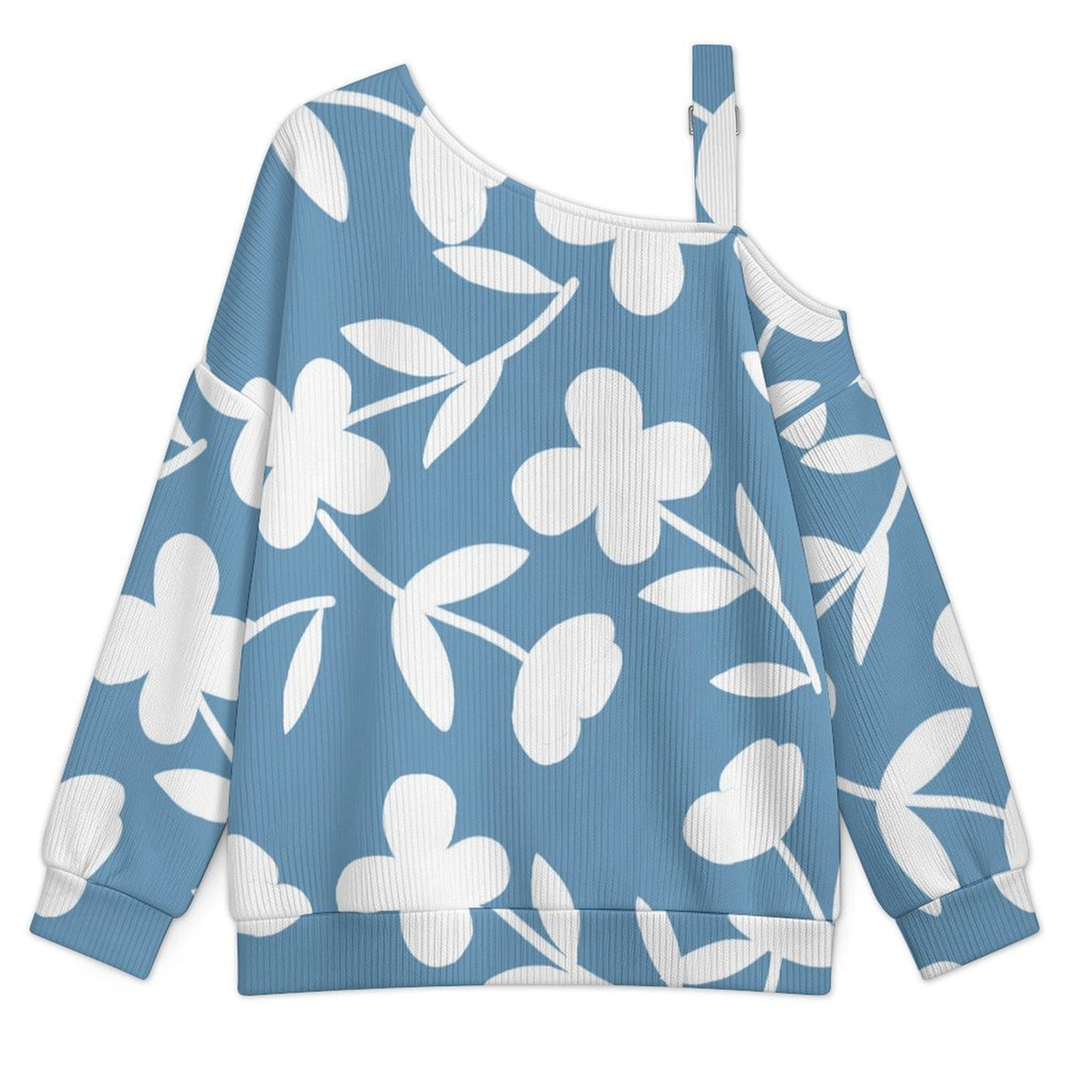 Off-the-shoulder Sweater Blue Flower Tile Decorative Pattern  Asymmetric Cold Shoulder Knit Sweater for Women, Adjustable Buckle Strap Long Sleeve Casual Slouchy Pullover