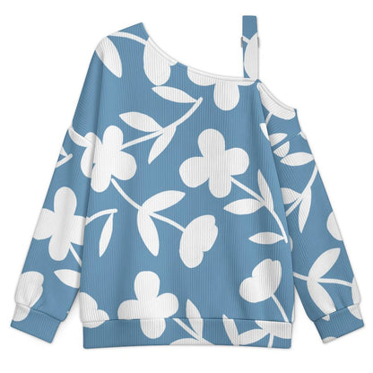 Off-the-shoulder Sweater Blue Flower Tile Decorative Pattern  Asymmetric Cold Shoulder Knit Sweater for Women, Adjustable Buckle Strap Long Sleeve Casual Slouchy Pullover