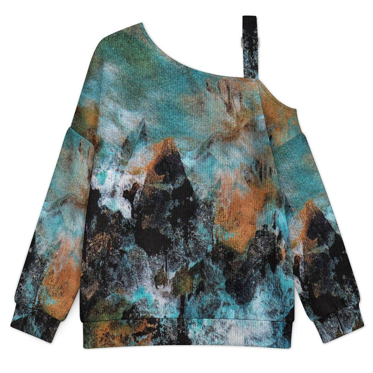 Off-the-shoulder Sweater Abstract Pattern  Asymmetric Cold Shoulder Knit Sweater for Women, Adjustable Buckle Strap Long Sleeve Casual Slouchy Pullover