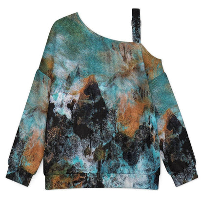 Off-the-shoulder Sweater Abstract Pattern  Asymmetric Cold Shoulder Knit Sweater for Women, Adjustable Buckle Strap Long Sleeve Casual Slouchy Pullover