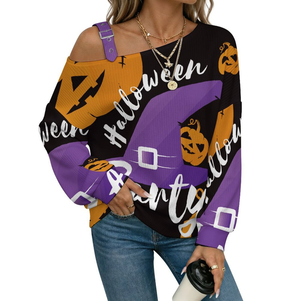 Off-the-shoulder Sweater Pumpkin, Halloween, Wizard Hat  Asymmetric Cold Shoulder Knit Sweater for Women, Adjustable Buckle Strap Long Sleeve Casual Slouchy Pullover