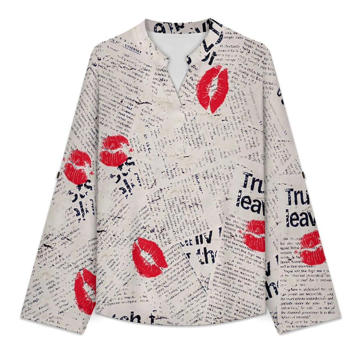 Stand-up Collar Long-sleeved Shirt Newspaper Red Lip Print Blue Letters  Customization Women’s V-Neck Blouses,long Sleeve,Roll-Up Sleeve Shirt