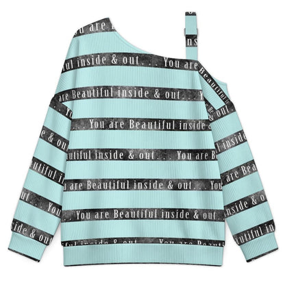 Off-the-shoulder Sweater Green Stripe, Black Stripe Font  Asymmetric Cold Shoulder Knit Sweater for Women, Adjustable Buckle Strap Long Sleeve Casual Slouchy Pullover
