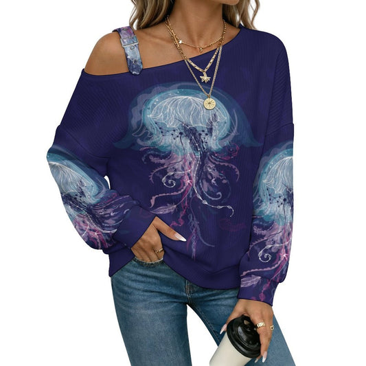 Off-the-shoulder Sweater Jellyfish  Asymmetric Cold Shoulder Knit Sweater for Women, Adjustable Buckle Strap Long Sleeve Casual Slouchy Pullover