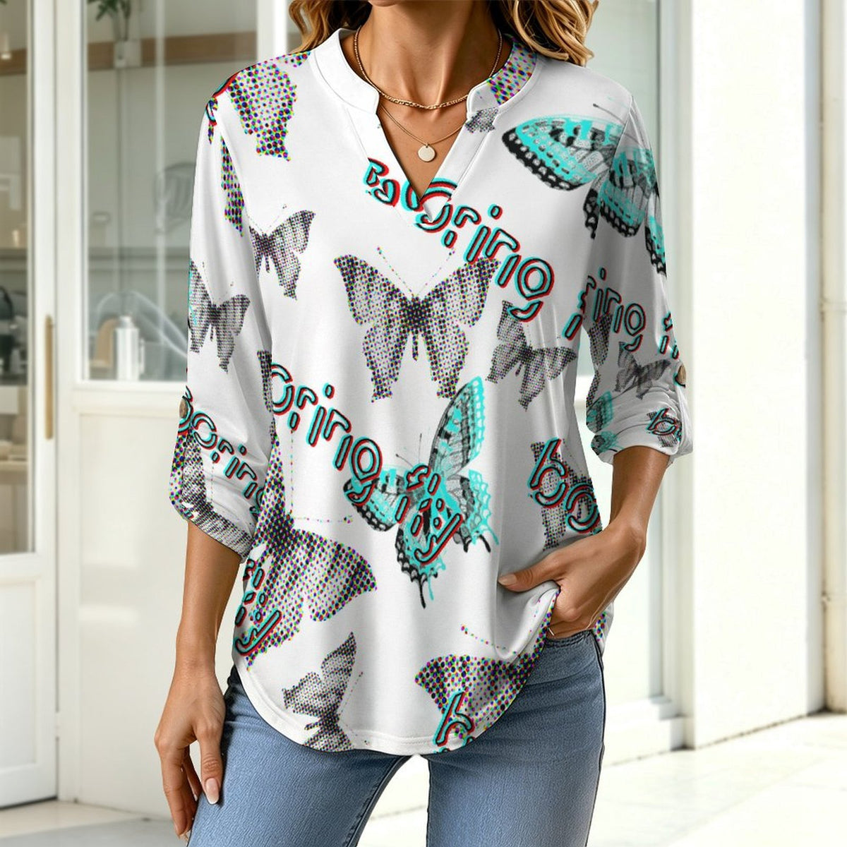 Stand-up Collar Long-sleeved Shirt Fantasy World of Butterflies  Customization Women’s V-Neck Blouses,long Sleeve,Roll-Up Sleeve Shirt