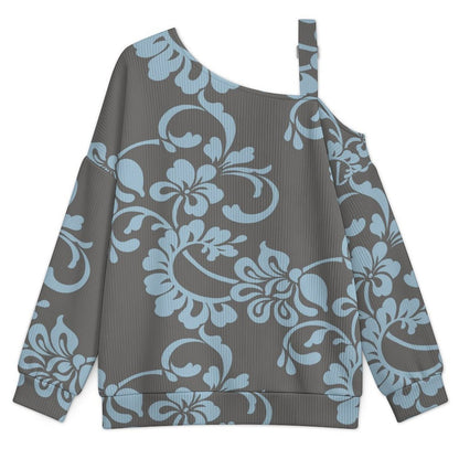 Off-the-shoulder Sweater European Retro Pattern  Asymmetric Cold Shoulder Knit Sweater for Women, Adjustable Buckle Strap Long Sleeve Casual Slouchy Pullover
