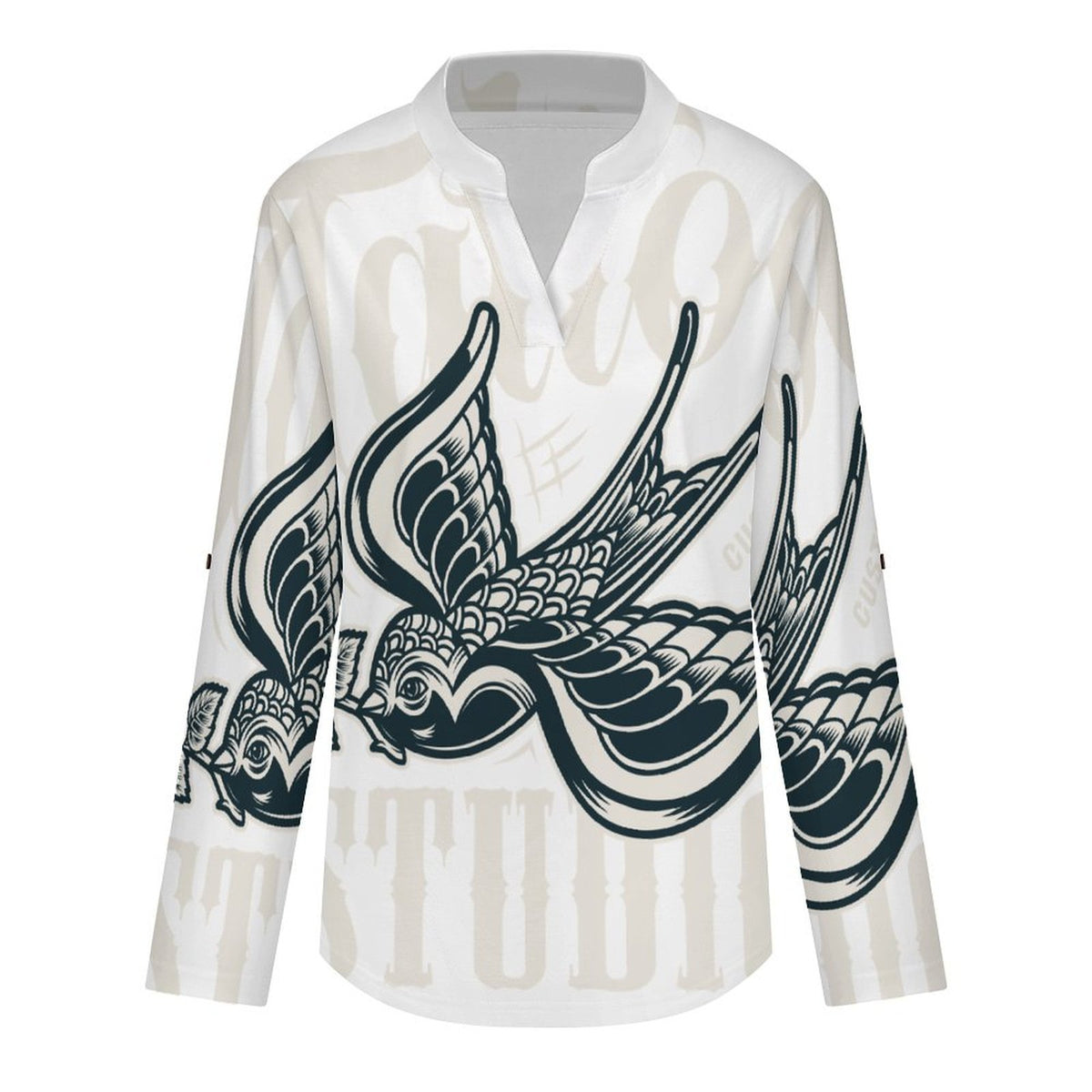 Stand-up Collar Long-sleeved Shirt Birds, Flowers, Transmission  Customization Women’s V-Neck Blouses,long Sleeve,Roll-Up Sleeve Shirt