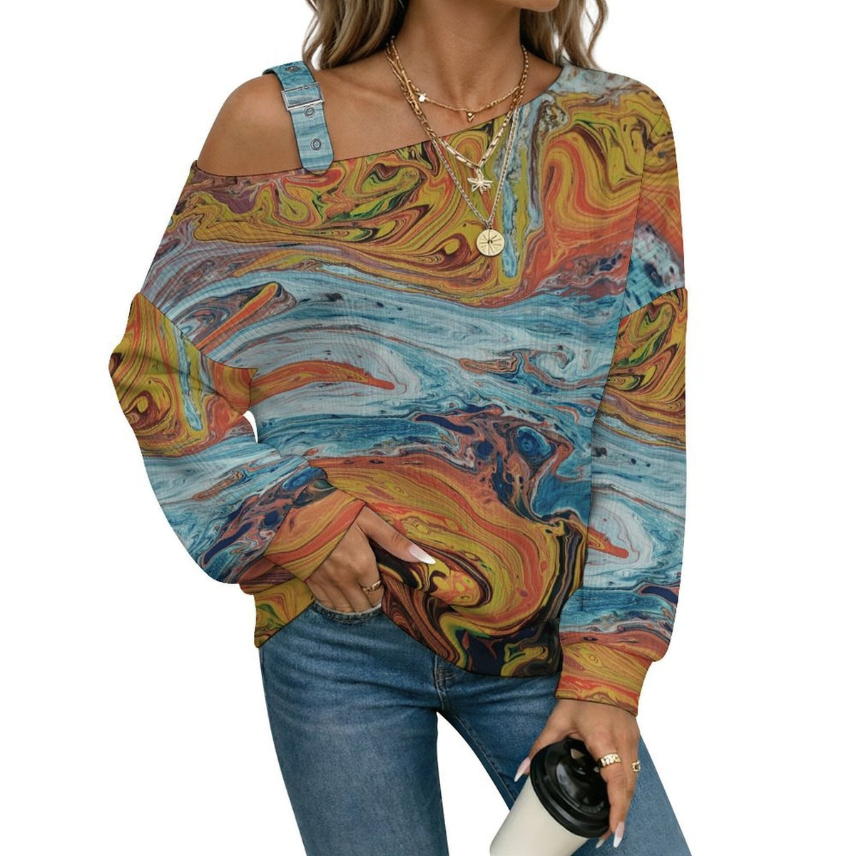 Off-the-shoulder Sweater Pattern  Asymmetric Cold Shoulder Knit Sweater for Women, Adjustable Buckle Strap Long Sleeve Casual Slouchy Pullover