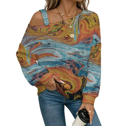 Off-the-shoulder Sweater Pattern  Asymmetric Cold Shoulder Knit Sweater for Women, Adjustable Buckle Strap Long Sleeve Casual Slouchy Pullover