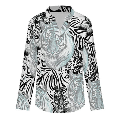 Stand-up Collar Long-sleeved Shirt Tiger Pattern, Repeating Pattern  Customization Women’s V-Neck Blouses,long Sleeve,Roll-Up Sleeve Shirt