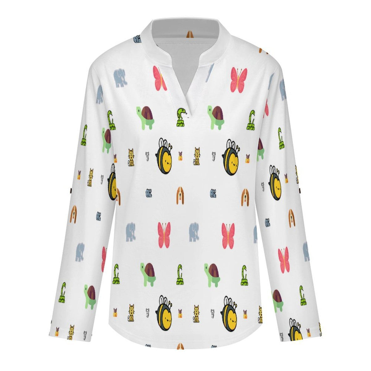 Versatile Notched V-Neck Tunic  Roll Tab 3/4 Sleeve Office Casual Top  Animal, Bee, Cartoon