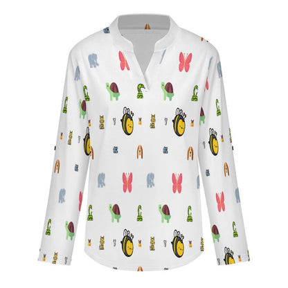 Versatile Notched V-Neck Tunic  Roll Tab 3/4 Sleeve Office Casual Top  Animal, Bee, Cartoon