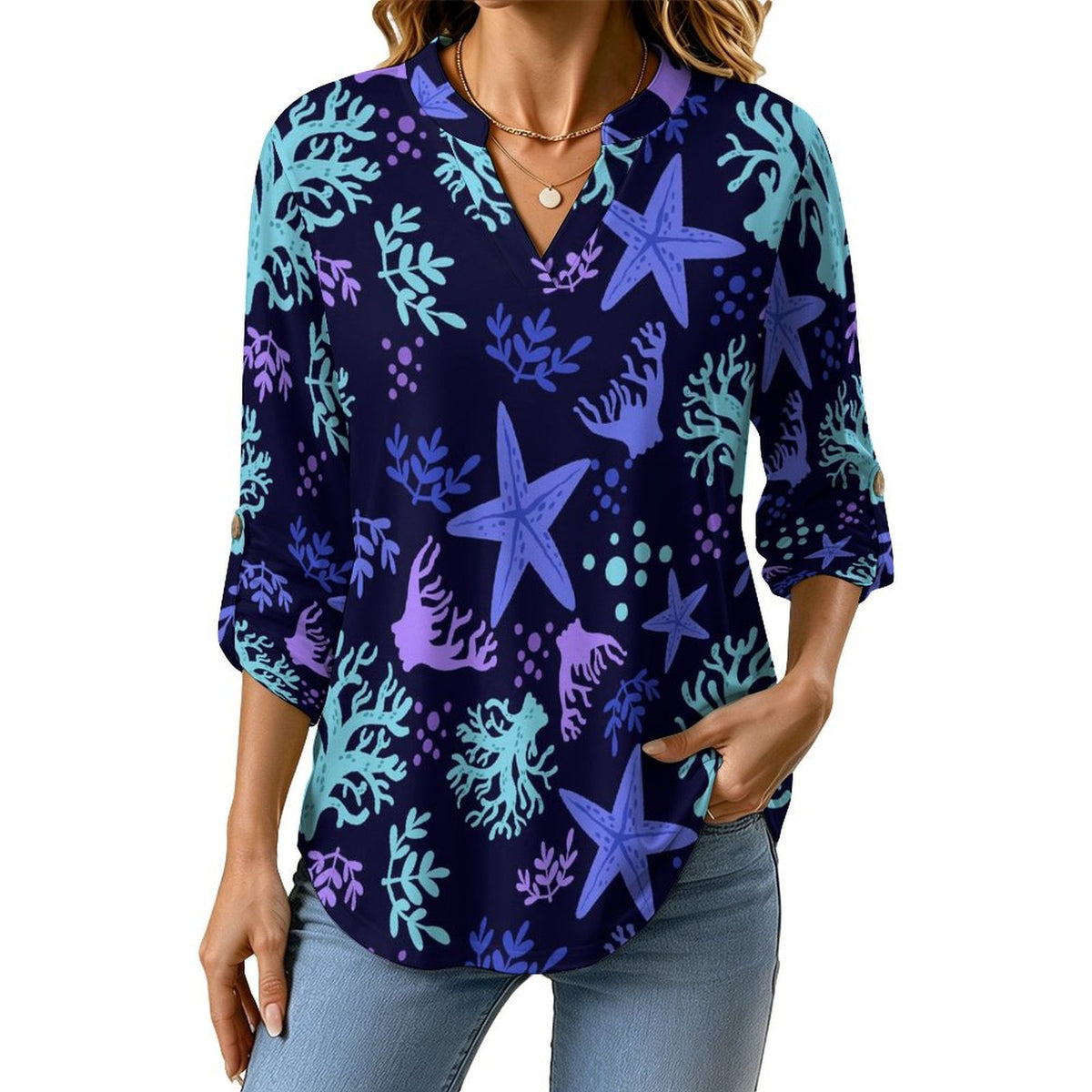 Stand-up Collar Long-sleeved Shirt Ocean Pattern  Customization Women’s V-Neck Blouses,long Sleeve,Roll-Up Sleeve Shirt