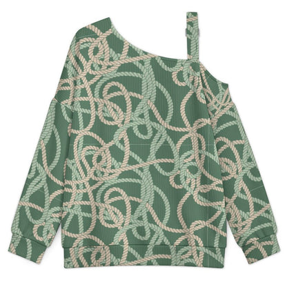 Off-the-shoulder Sweater Rope Pattern  Asymmetric Cold Shoulder Knit Sweater for Women, Adjustable Buckle Strap Long Sleeve Casual Slouchy Pullover