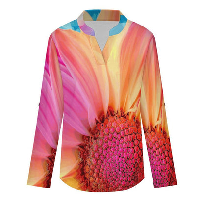 Stand-up Collar Long-sleeved Shirt Color Sunflower  Customization Women’s V-Neck Blouses,long Sleeve,Roll-Up Sleeve Shirt