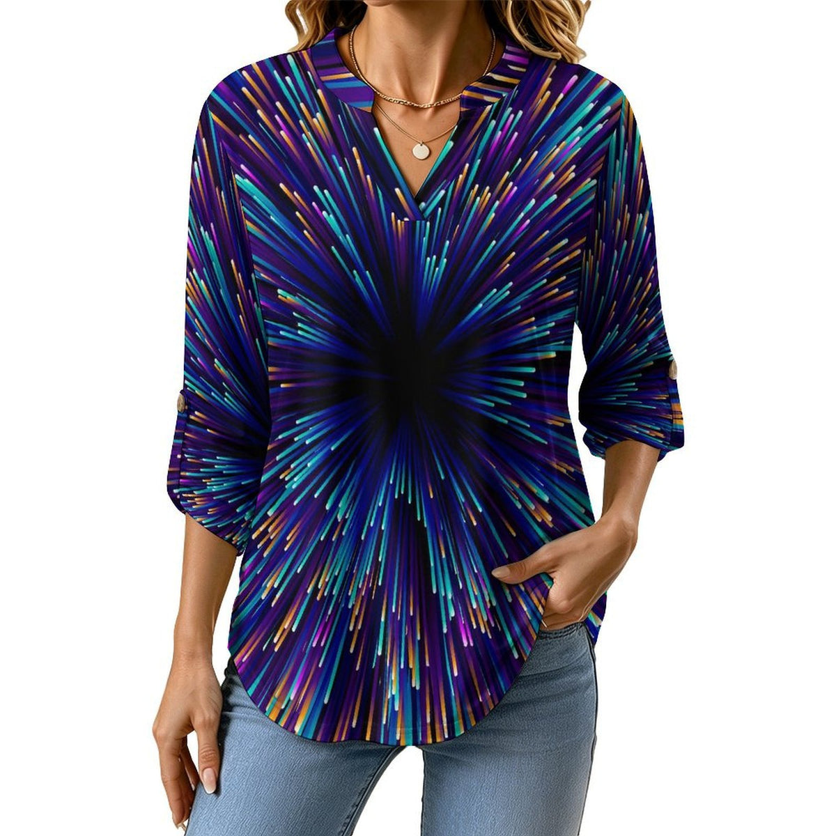 Stand-up Collar Long-sleeved Shirt Light Spot Background  Customization Women’s V-Neck Blouses,long Sleeve,Roll-Up Sleeve Shirt