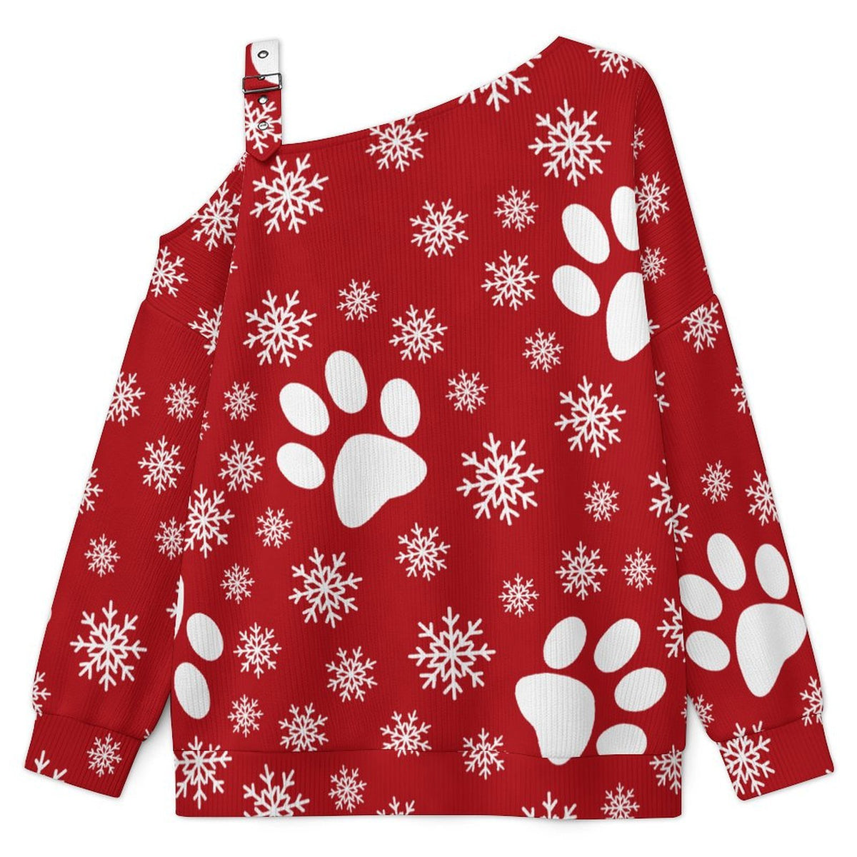 Off-the-shoulder Sweater Christmas Snowflakes Cats And Dogs Paws Snowflakes Red  Asymmetric Cold Shoulder Knit Sweater for Women, Adjustable Buckle Strap Long Sleeve Casual Slouchy Pullover