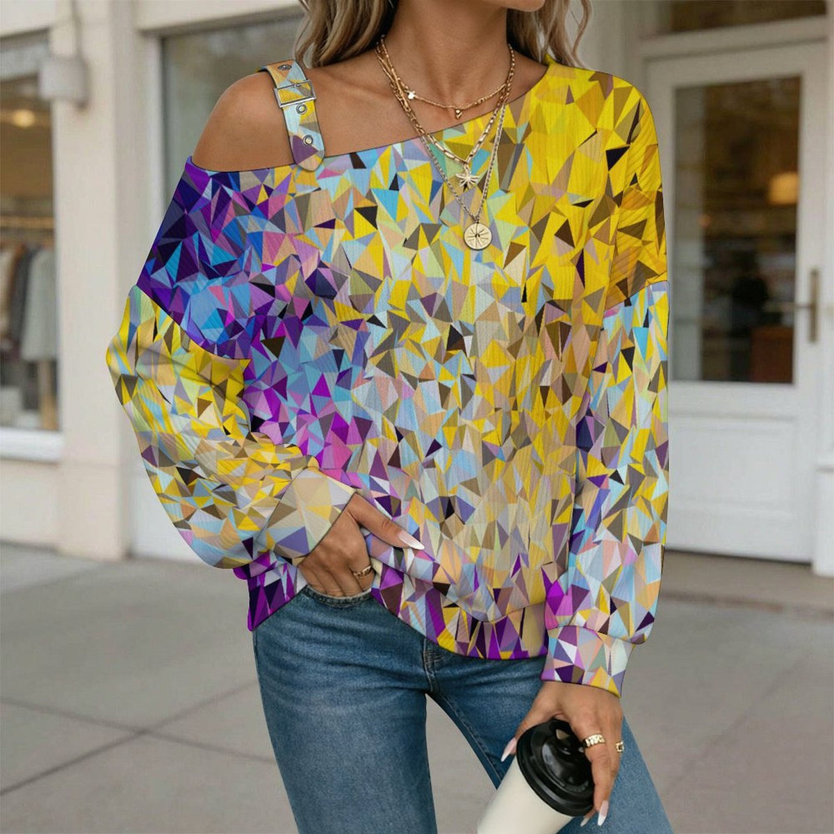 Long Sleeve Relaxed-Fit Solid Pullover Colored Diamond Pattern